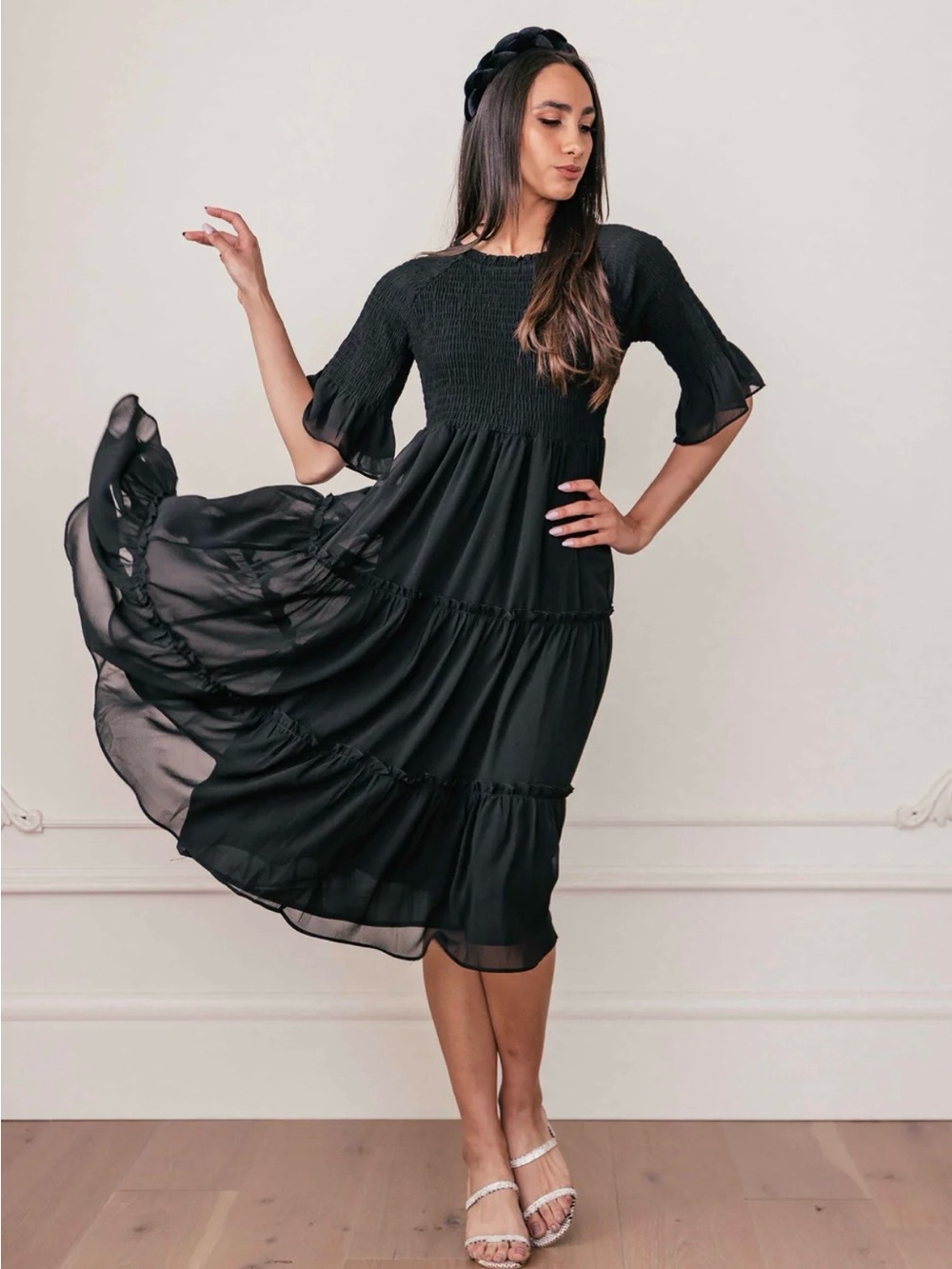 JessaKae Black Smocked Tiered Midi Dress